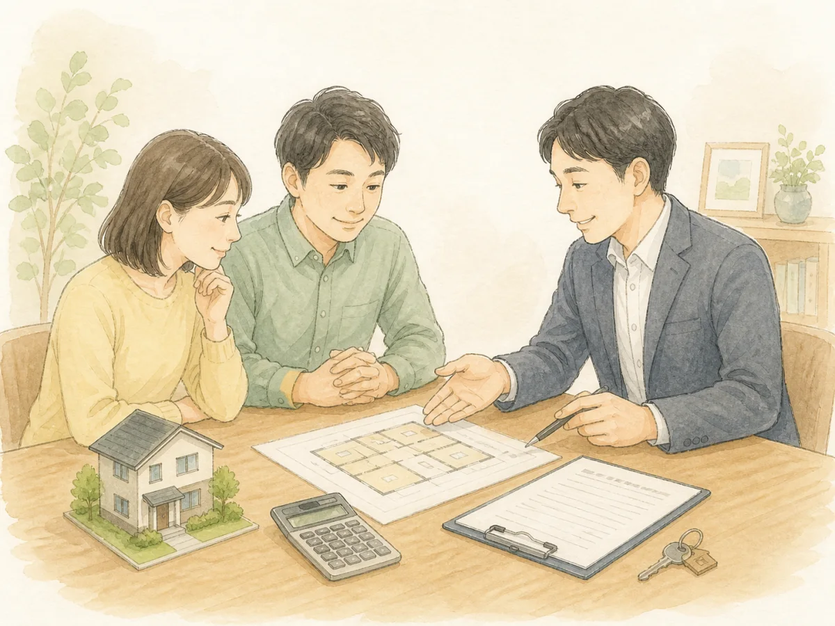 家の模型と査定資料を前に価格の説明を受けるご夫婦