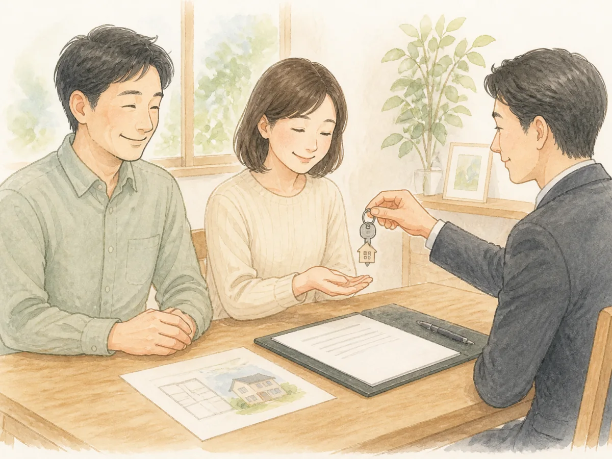 売買契約を終えて家の鍵を受け渡すご夫婦と担当者