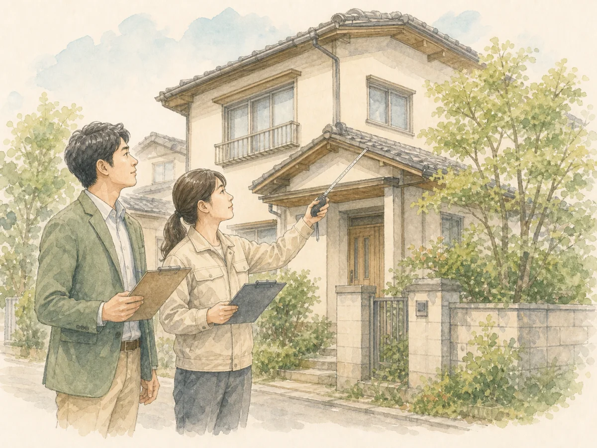 現地を訪問して戸建ての状態を調査するスタッフとご家族