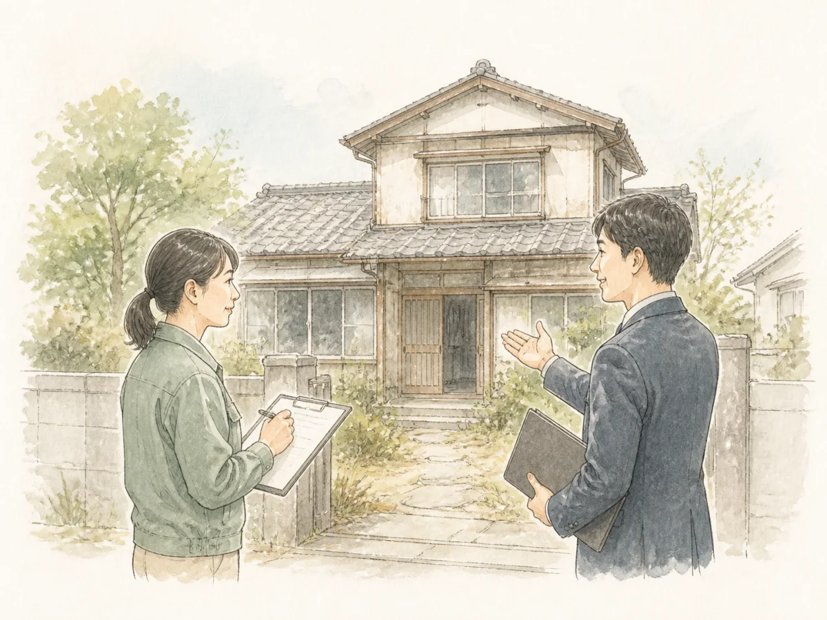 手入れが必要な空き家の状態を確認するスタッフとご家族