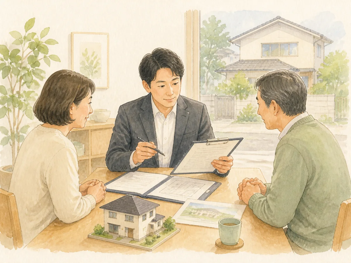 家の模型と資料を前に無料査定の説明を受けるご家族