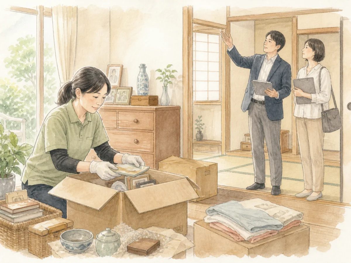 家財整理と並行して室内を確認するスタッフとご家族