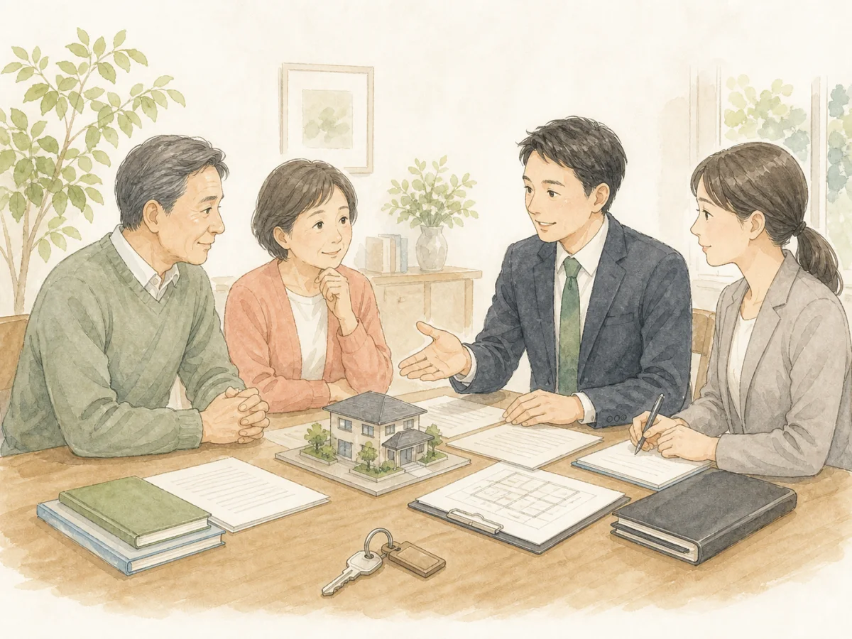 ご家族と不動産担当者、士業の専門家が書類を確認する相談風景