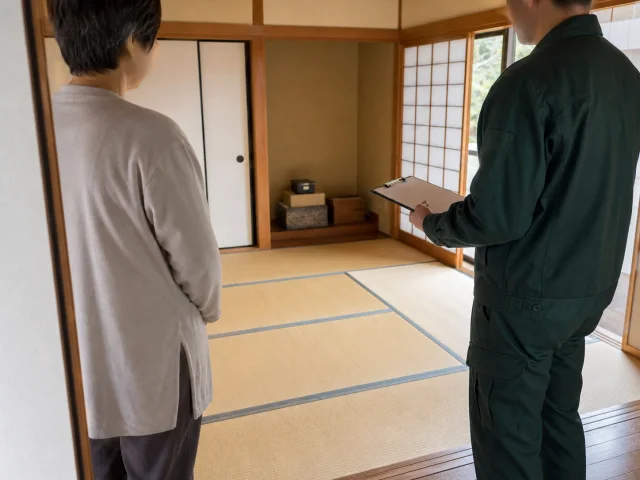 片付いた日本の室内で作業完了を依頼者と確認する様子