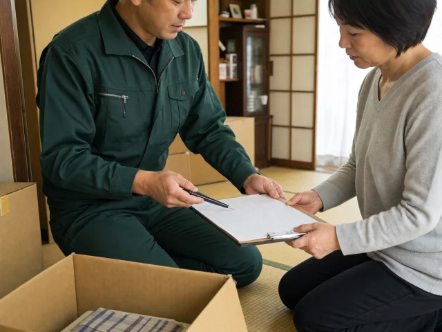 日本の住宅で依頼者と見積書を確認するスタッフの相談風景