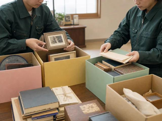 日本の住宅で思い出の品を確認しながら仕分けるスタッフの作業風景