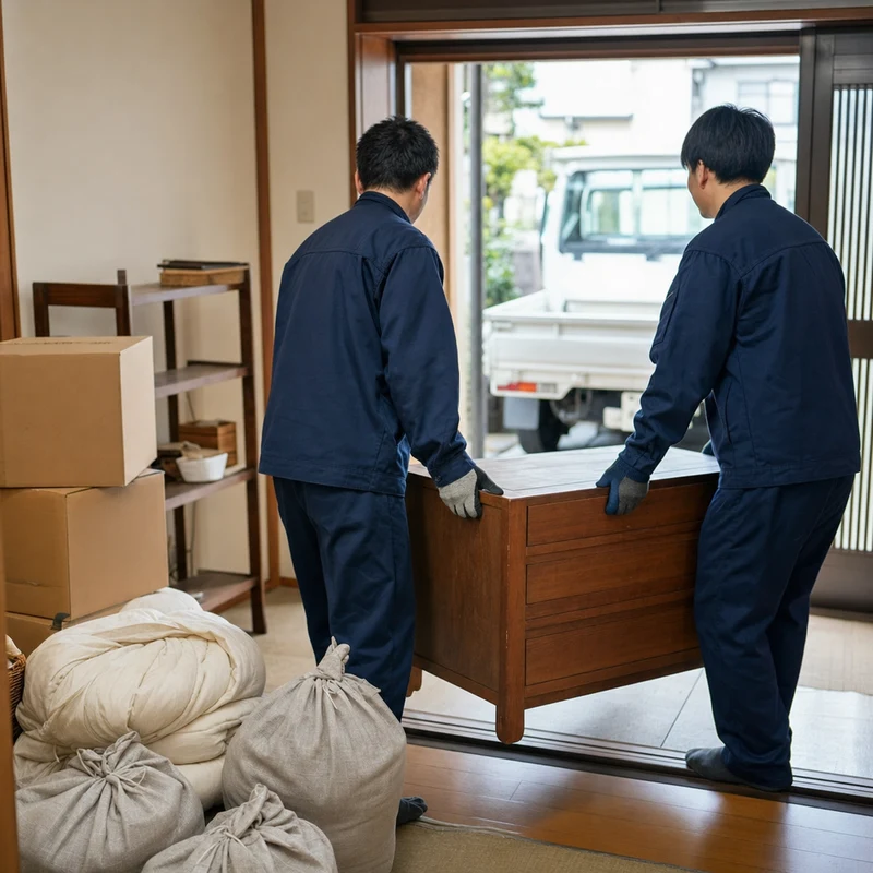 物が多い日本の室内で分別と片付けを進めるスタッフの作業風景