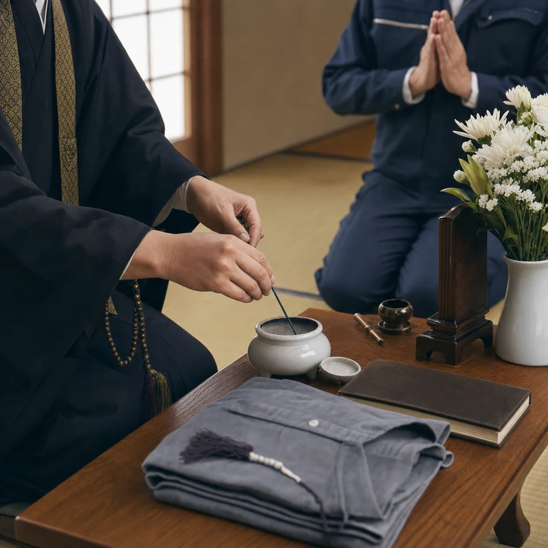 花やお香とともに思い出の品を静かに供養する様子