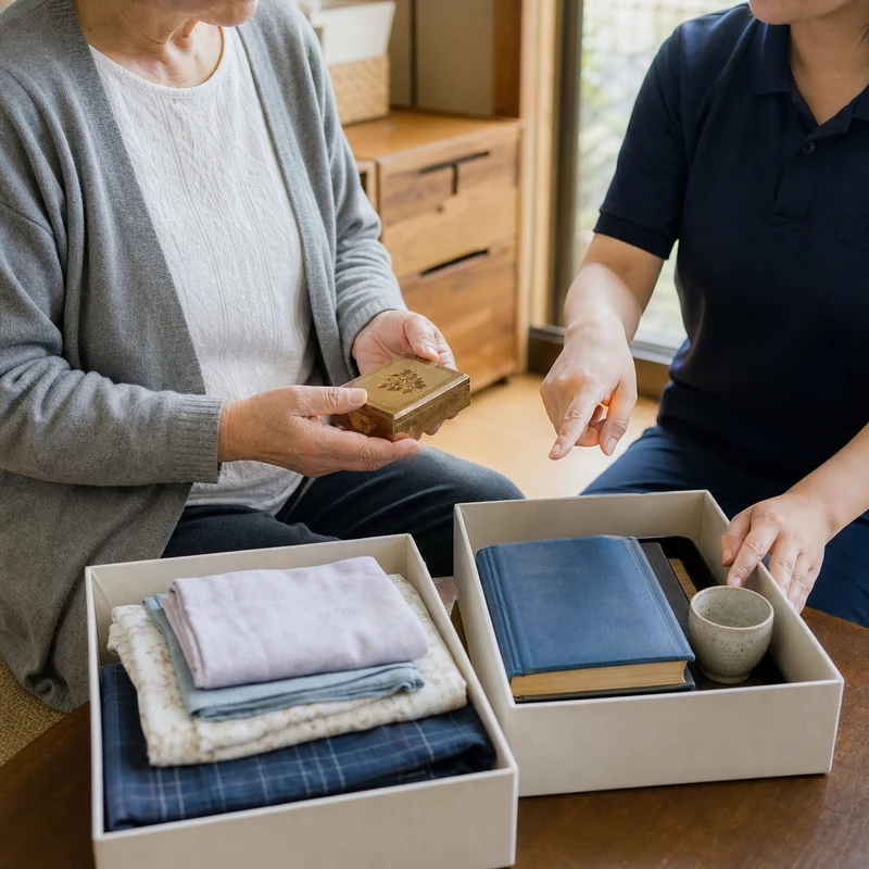日本の住宅で書類や写真を一緒に整理する生前整理の相談風景