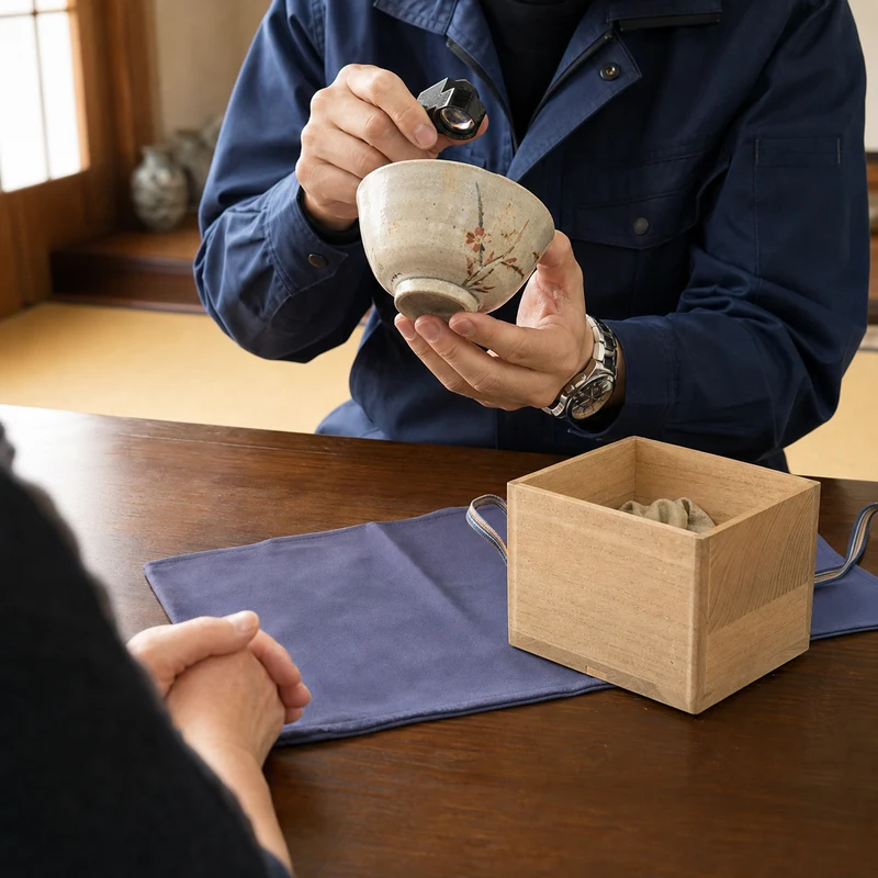 カメラや時計などの遺品を丁寧に査定するスタッフの手元