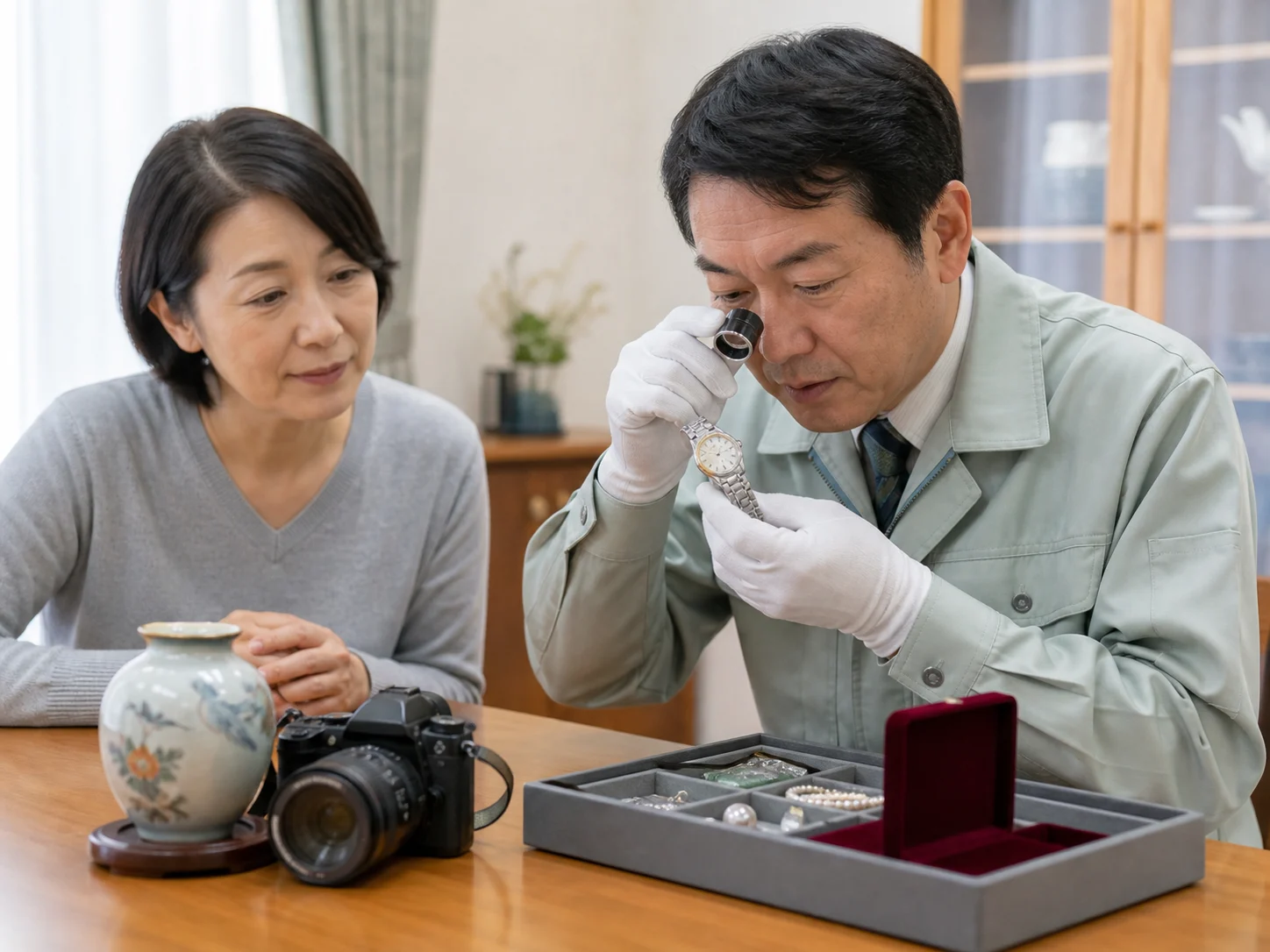腕時計や骨董品を丁寧に査定する鑑定担当者