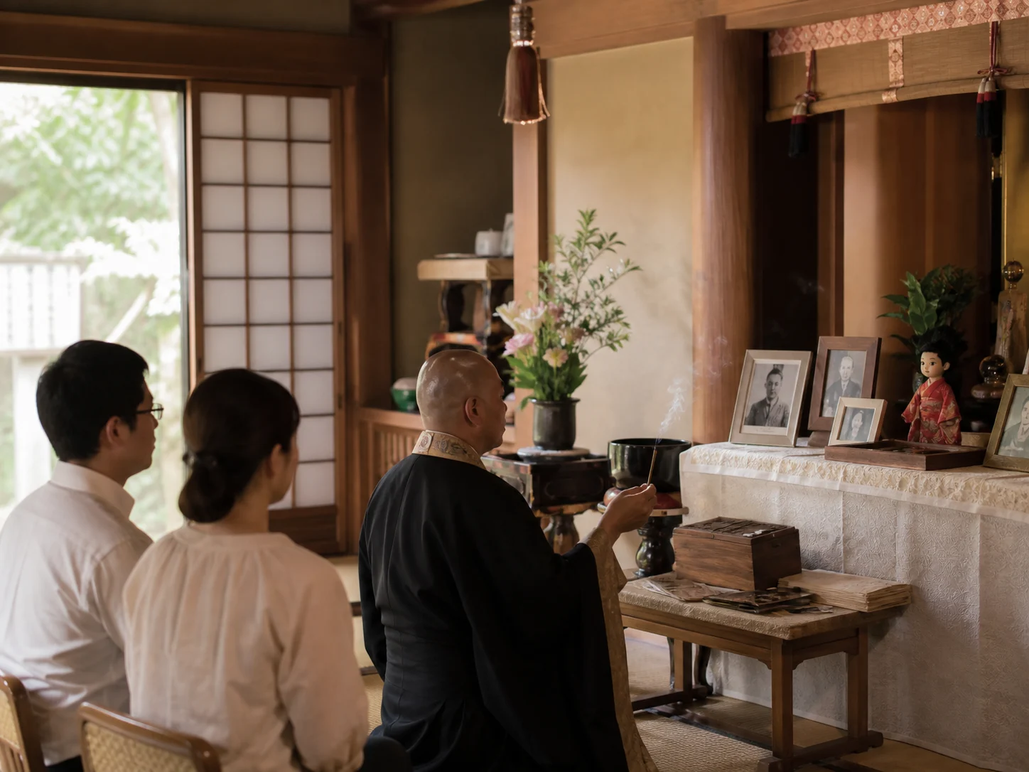 寺院で写真や人形などの遺品を合同供養する僧侶