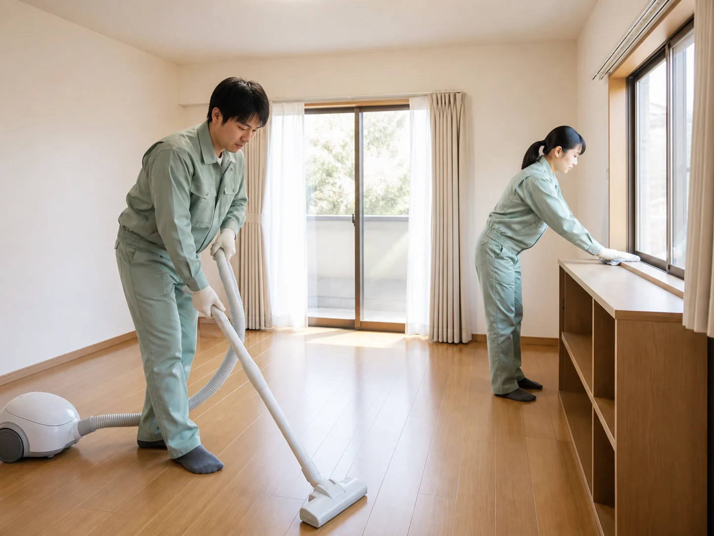 遺品整理後の室内を掃除機とクロスで清掃するスタッフ