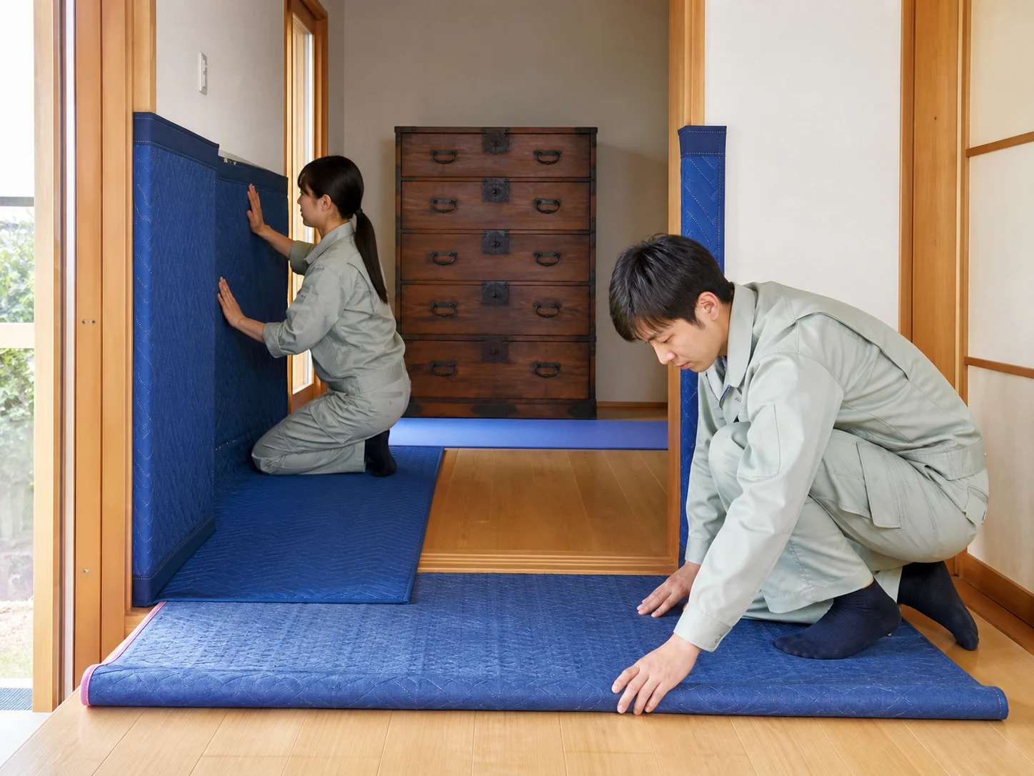 家具の搬出前に床や壁へ養生材を設置するスタッフ