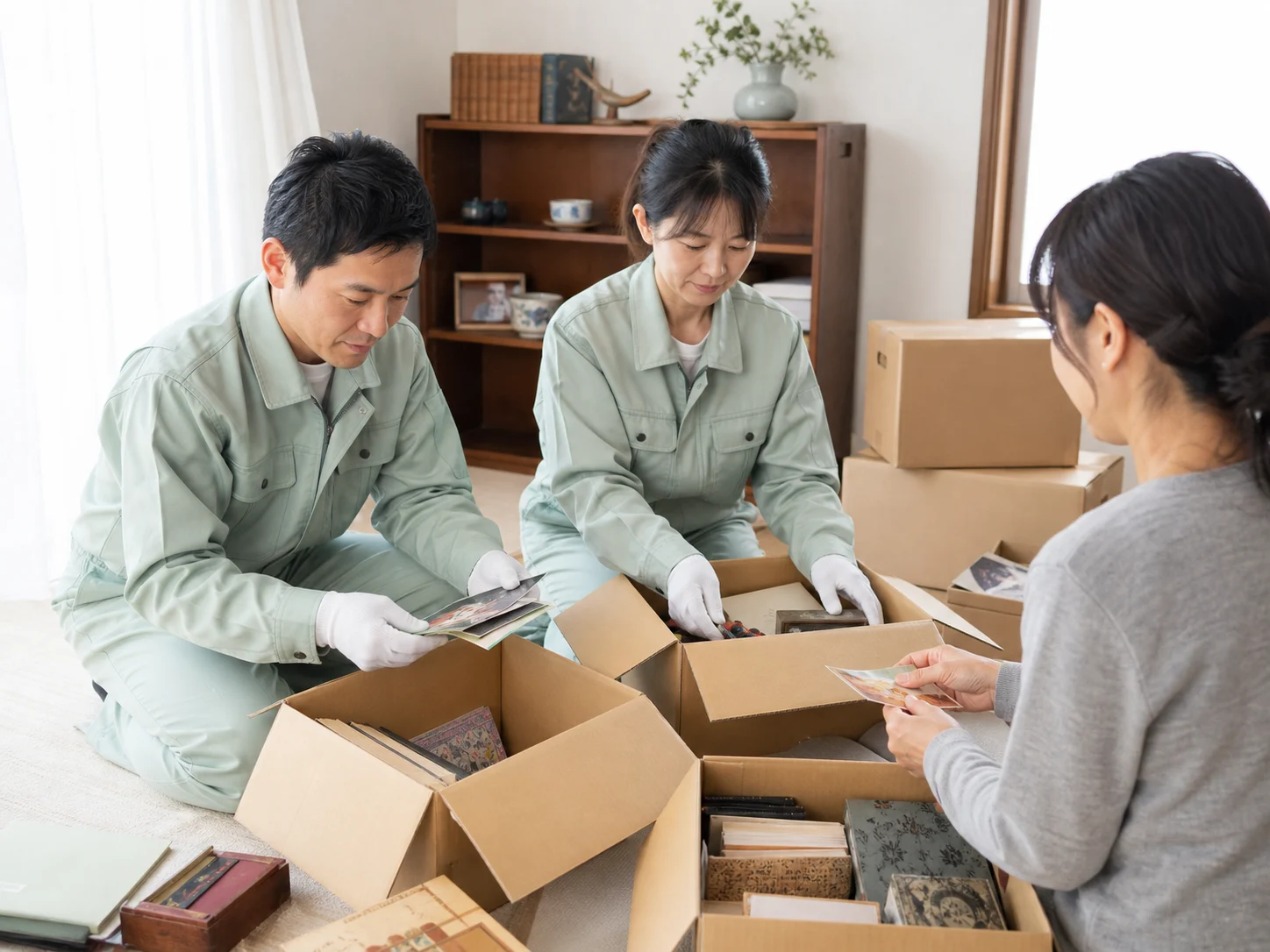 ご家族と確認しながら写真や思い出の品を仕分けるスタッフ