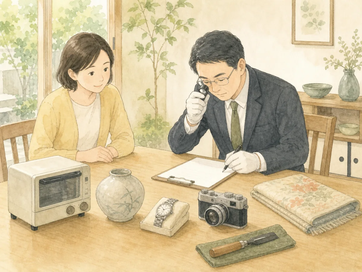 家電や時計、食器など複数の遺品を査定するスタッフ