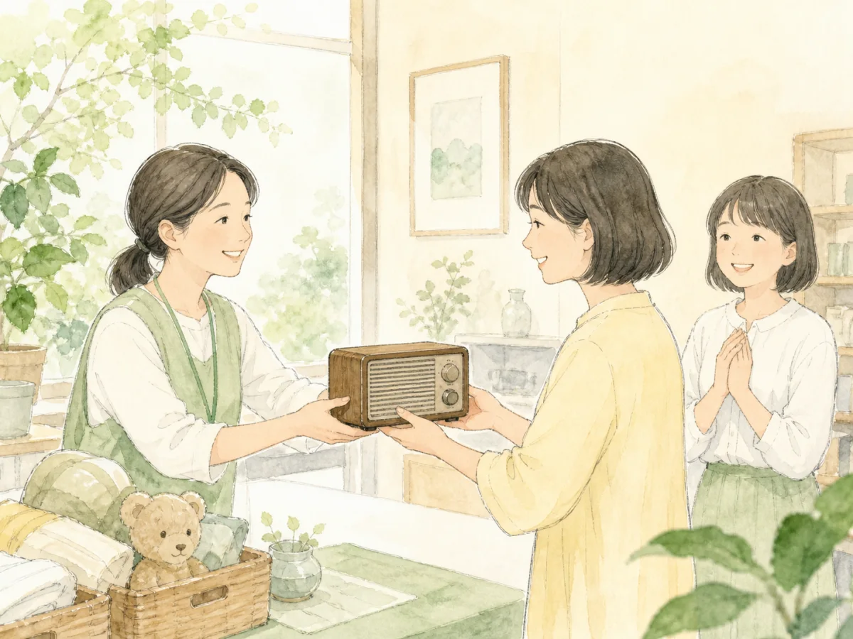 手入れされた遺品を次の利用者へ丁寧に手渡す場面