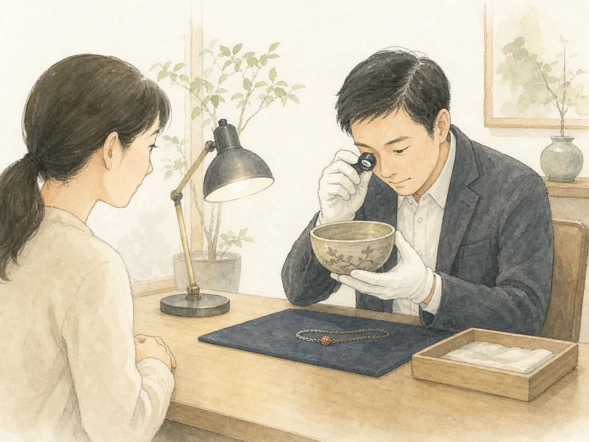 骨董品と宝飾品を専門的に確認する査定担当者