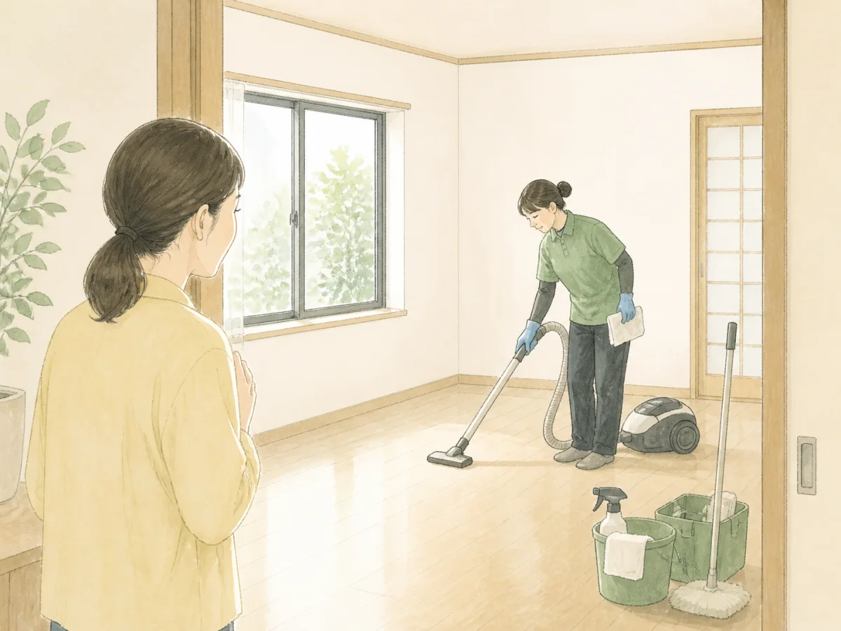 荷物を搬出した後の明るい室内を清掃するスタッフ