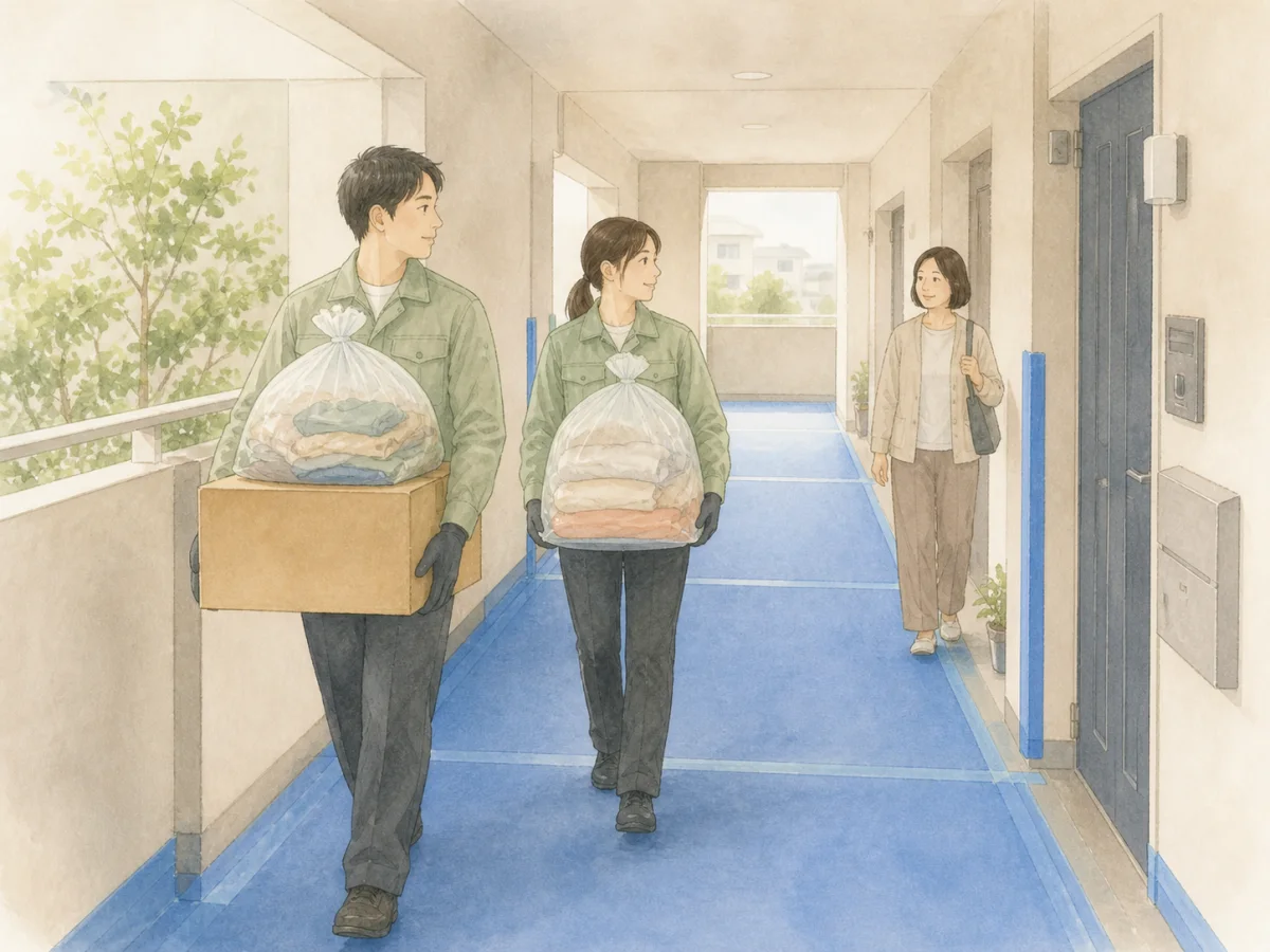共用部を養生して大量の荷物を安全に搬出するスタッフ