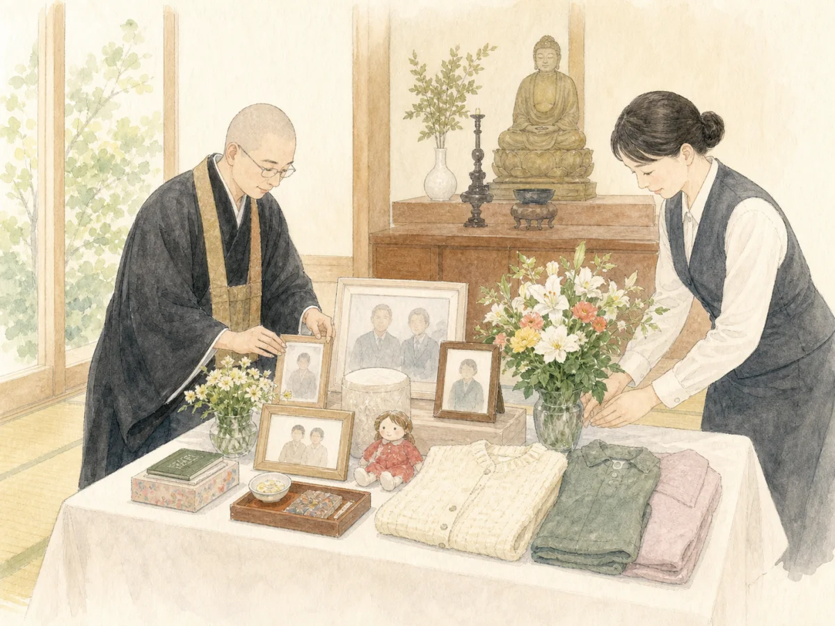 複数の遺品を花とともに丁寧に並べた合同供養