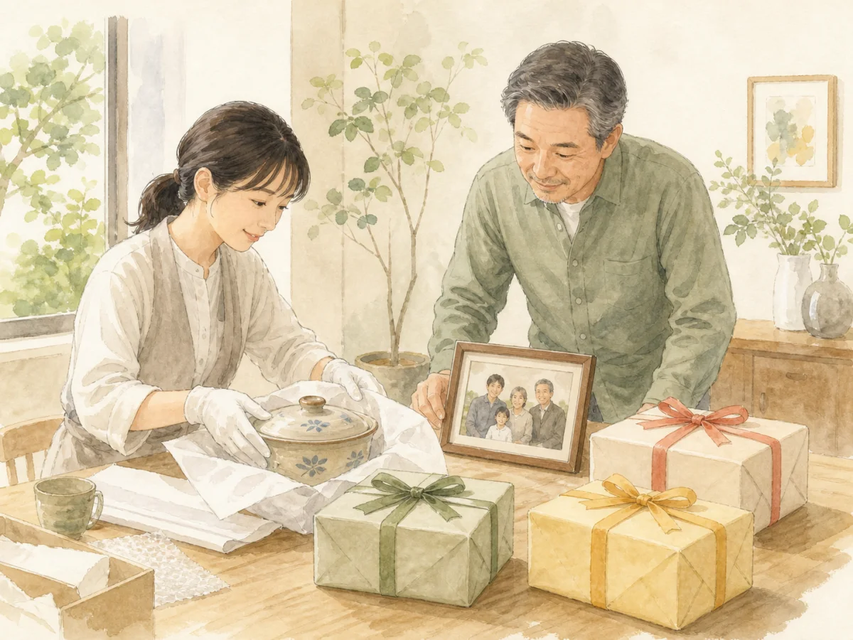 家族へ譲る品を丁寧に梱包して配送準備するスタッフ