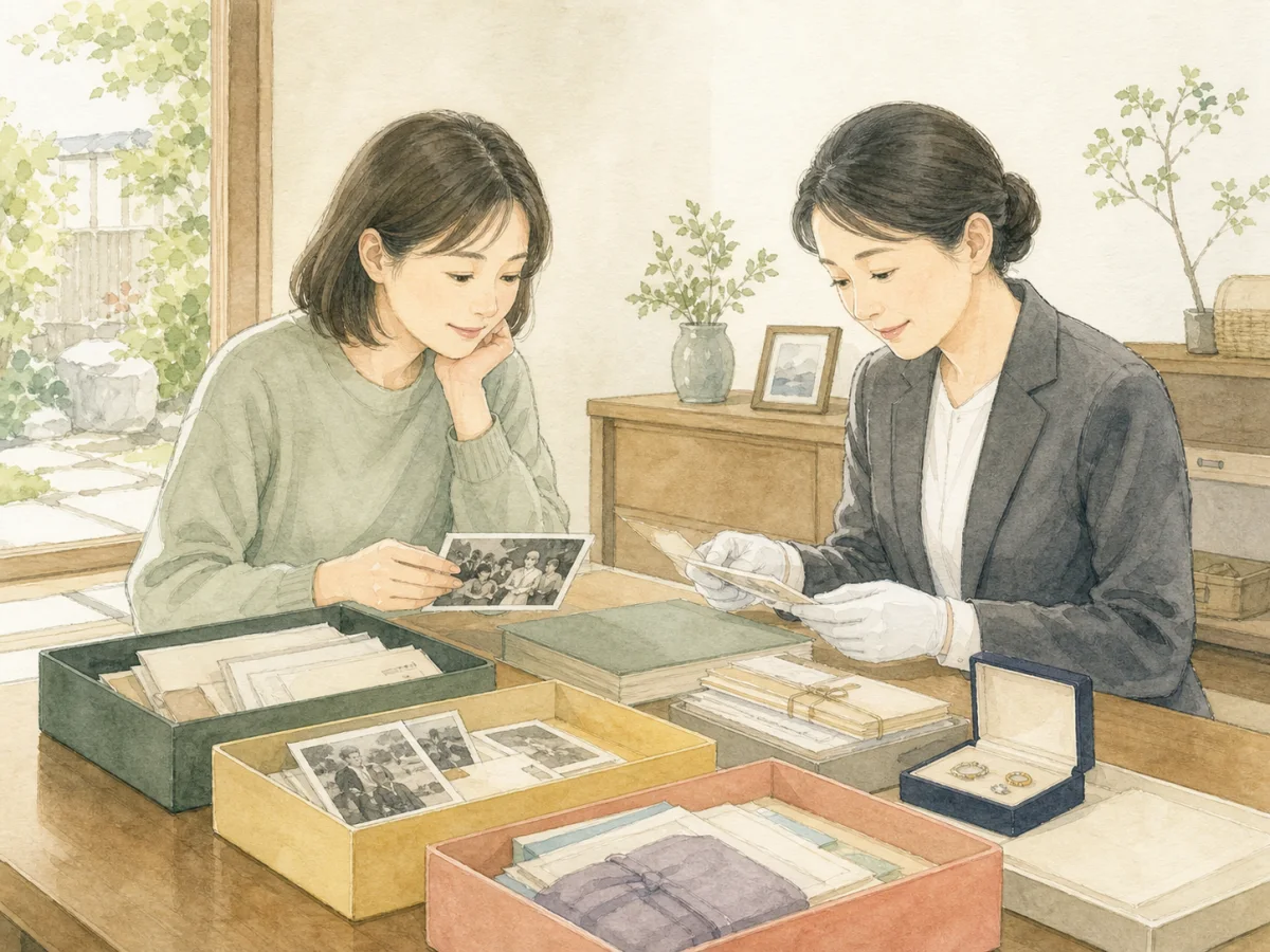 写真や手紙を確認しながら丁寧に遺品を仕分けるスタッフ