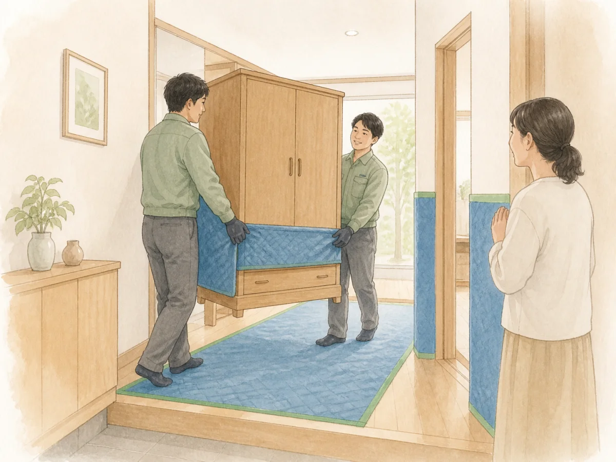 室内を養生して大型家具を搬出するスタッフ