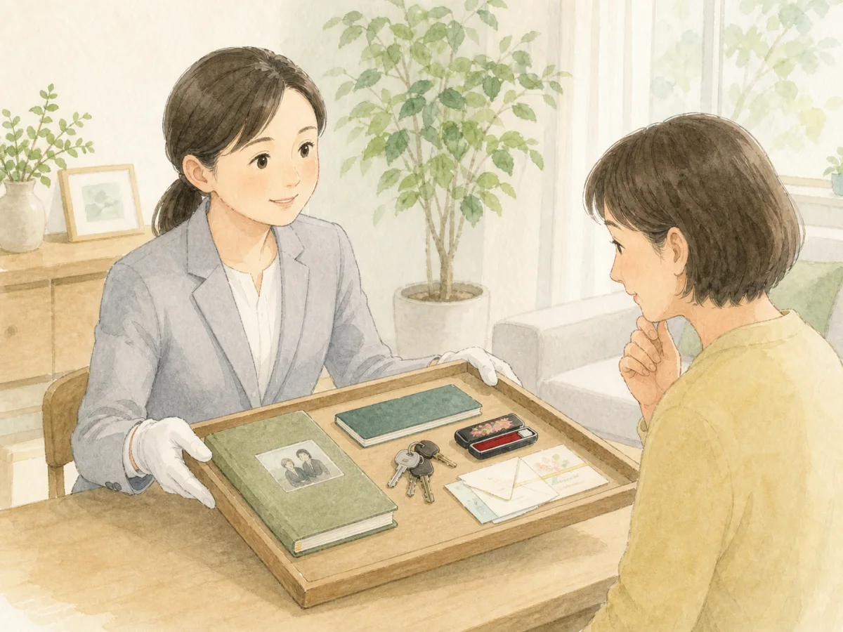 仕分けで見つかった貴重品と思い出の品をご家族へ確認する場面