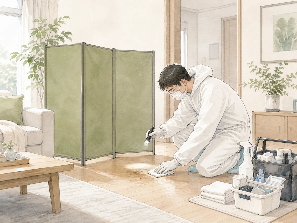防護装備で汚染範囲を確認し特殊清掃するスタッフ