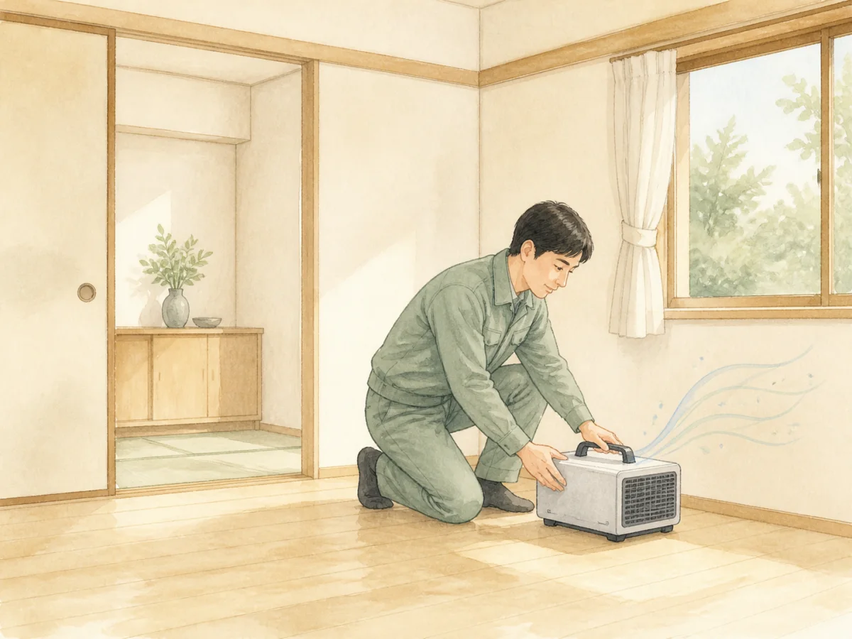 室内に専用のオゾン脱臭機を設置するスタッフ