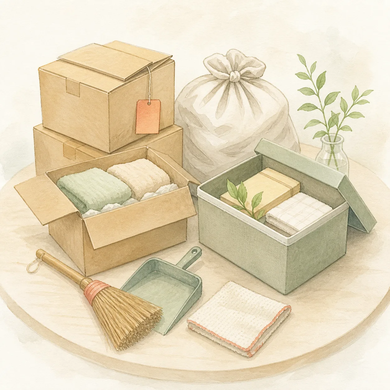 段ボールや袋を分別しながら部屋を整える道具のイラスト