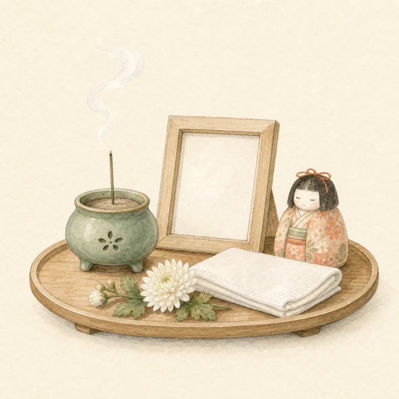 写真や人形など供養する遺品を花とお香のそばに丁寧に並べた様子
