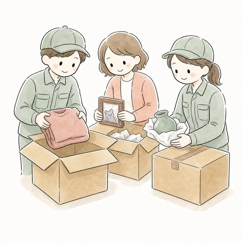 大量の荷物を分別しながら片付けるスタッフ