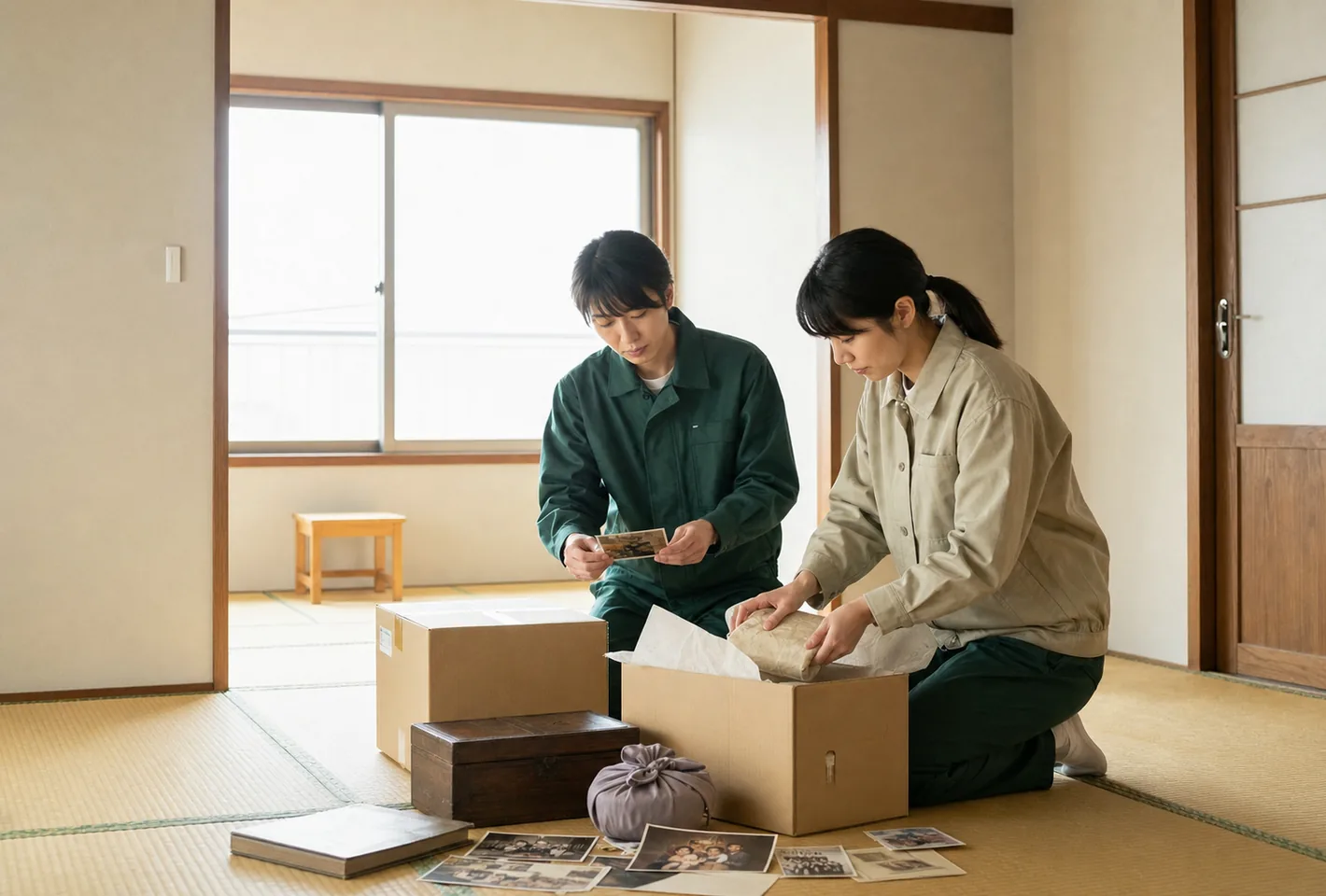 思い出の写真を確認しながら遺品を丁寧に仕分けるスタッフ