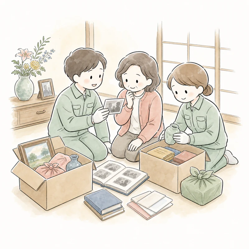 思い出の品を一つずつ確認しながら整理するスタッフ