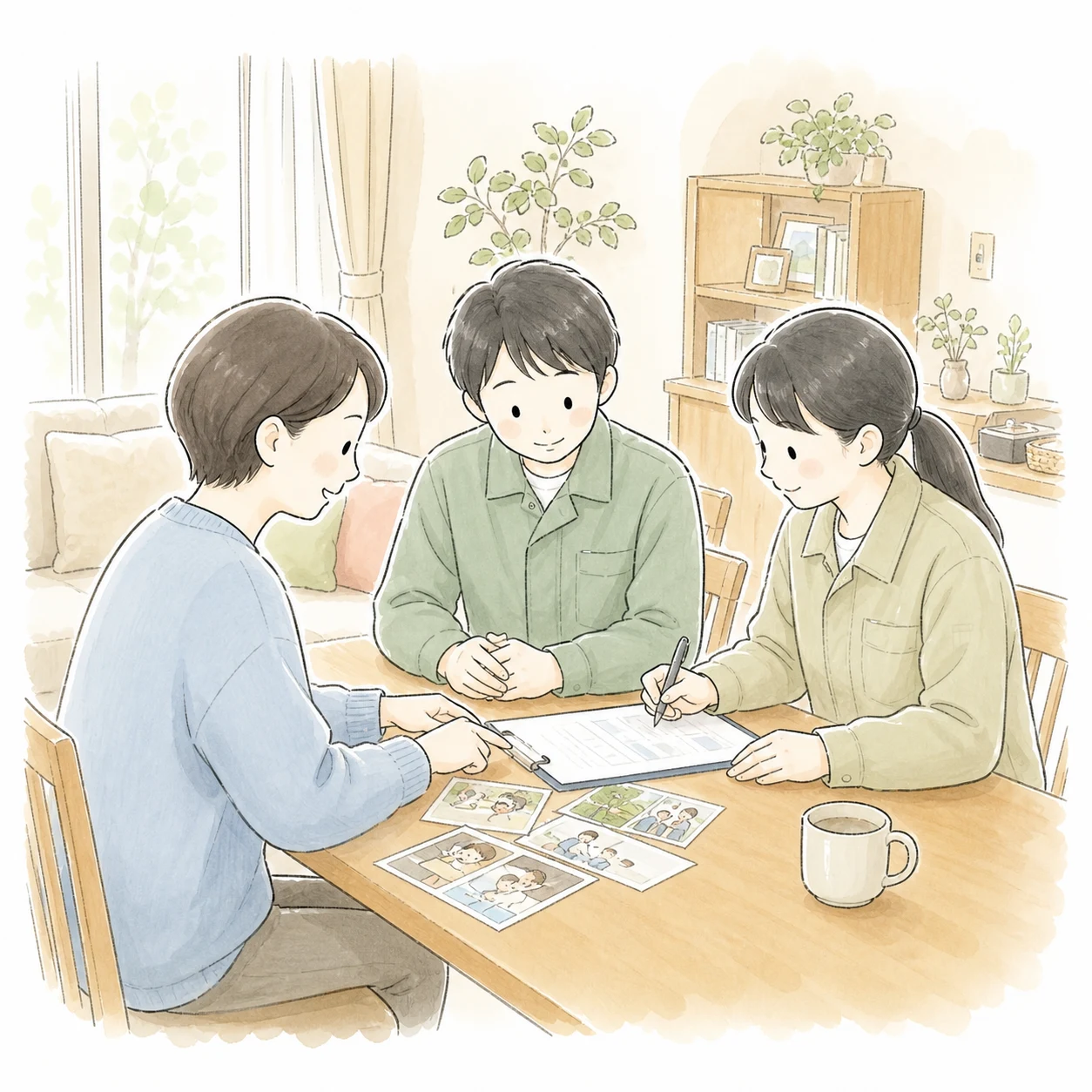 相続に必要な書類を家族と専門スタッフで確認するイラスト