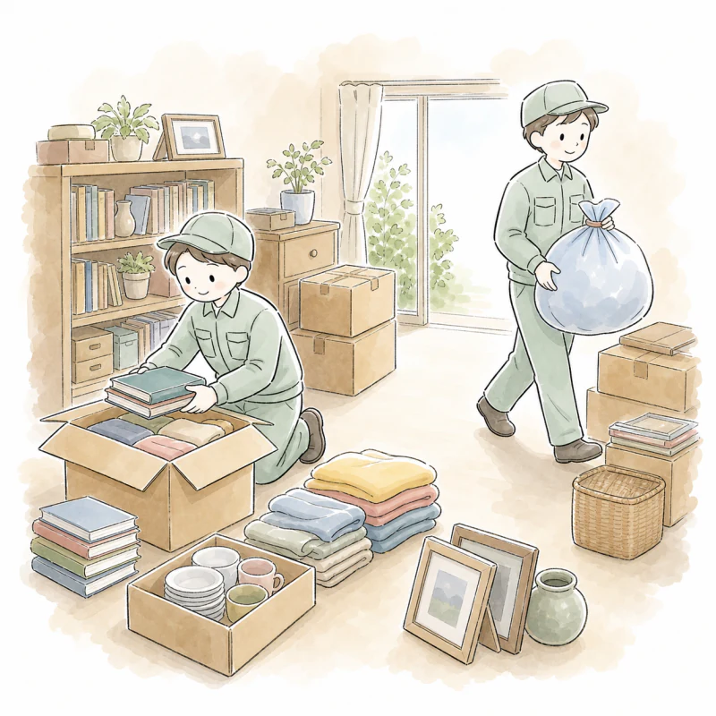 大量の荷物を分別しながら片付けるスタッフ