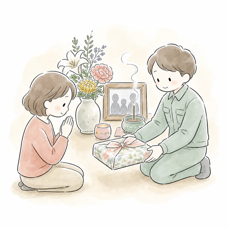 写真や花、愛用品を丁寧に並べた供養の場