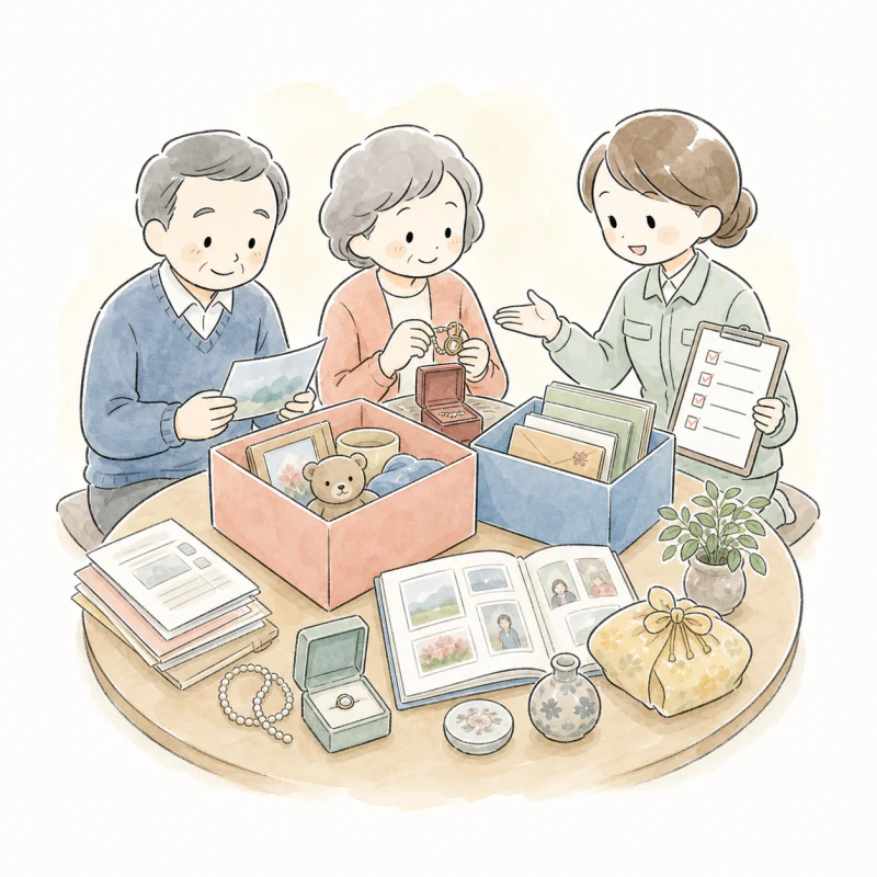 本人と相談しながら思い出の品を整理するスタッフ