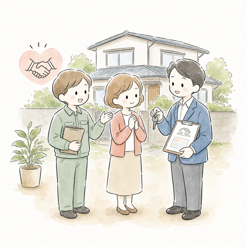 家の鍵と不動産書類を確認しながら売却について相談する様子