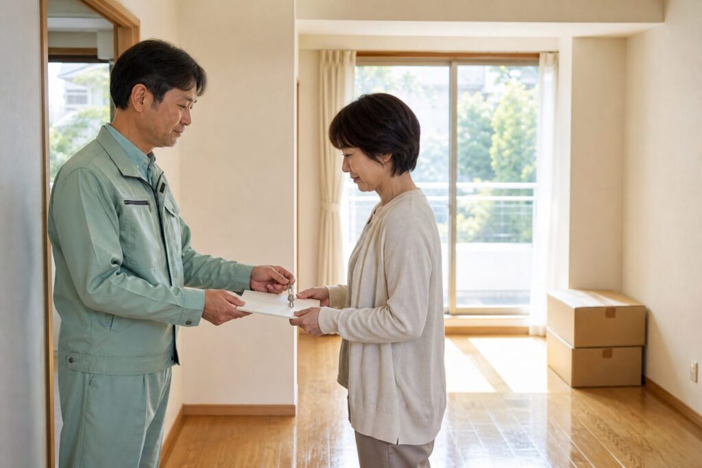 遺品整理を終えた明るい部屋で引き渡しを行うスタッフと遺族