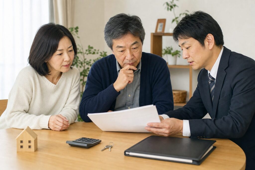 一人暮らしだった親族の財産相続について書類を確認する家族と専門家