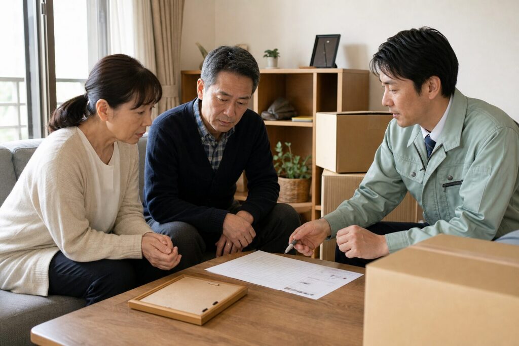 一人暮らしの方が亡くなった後の部屋の片付けを相談する遺族と遺品整理業者