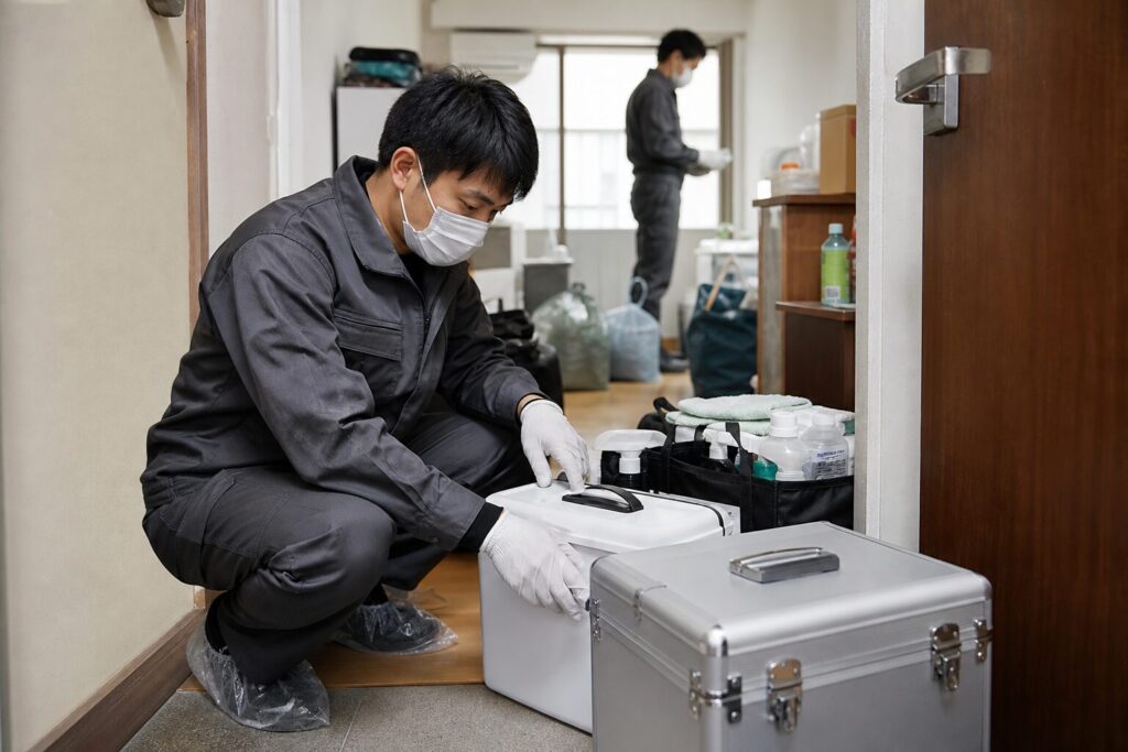 特殊清掃が必要な部屋で安全確認と作業準備をする清掃スタッフ