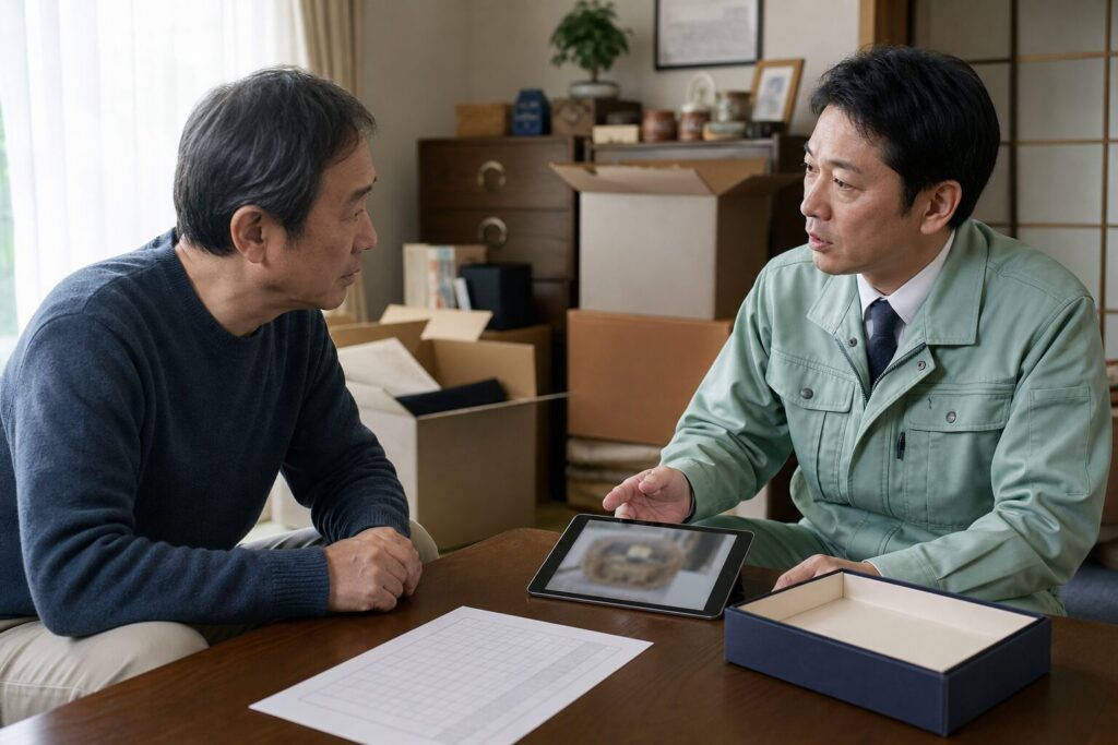 遺品の誤処分について記録を確認する依頼者と遺品整理業者